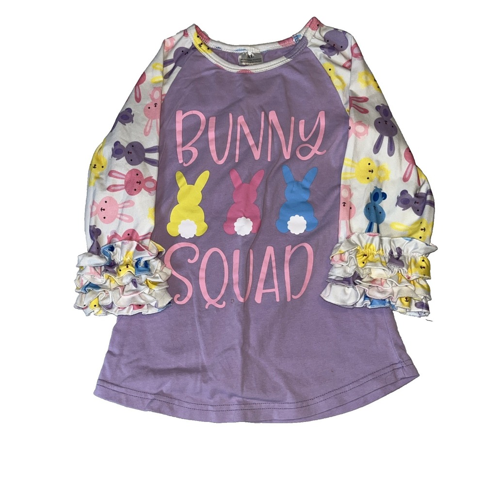 Bunny Squad Easter Shirt Ruffle XL 7 8 Girls Kids Rabbit Spring Boutique Top